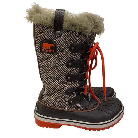 SOREL Herringbone Quilted Brown Winter Waterproof Boots Faux Fur Trim Lined 9us - Picture 2 of 9